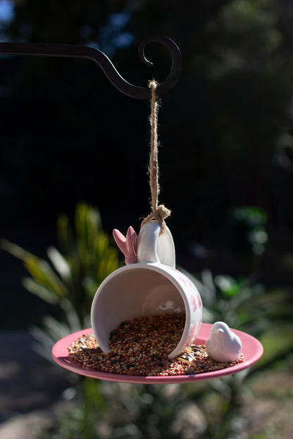 Kalalou Ceramic Pink Tea Cup and Saucer Bird Feeder - Unique Garden Décor for Bird Lovers