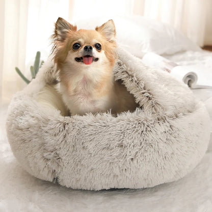 Round Plush Calming Cat Cave – Cozy, Soft, and Warm Pet Bed for Cats & Small Dogs