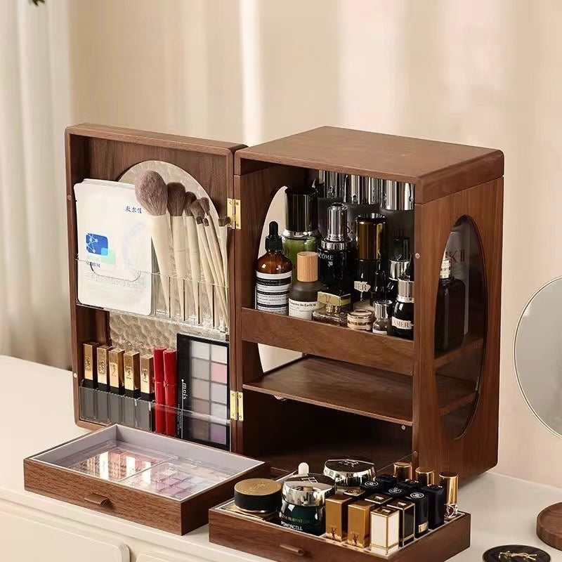 Wooden cosmetic organizer with makeup items on a neutral background