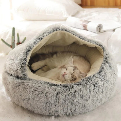 Round Plush Calming Cat Cave – Cozy, Soft, and Warm Pet Bed for Cats & Small Dogs