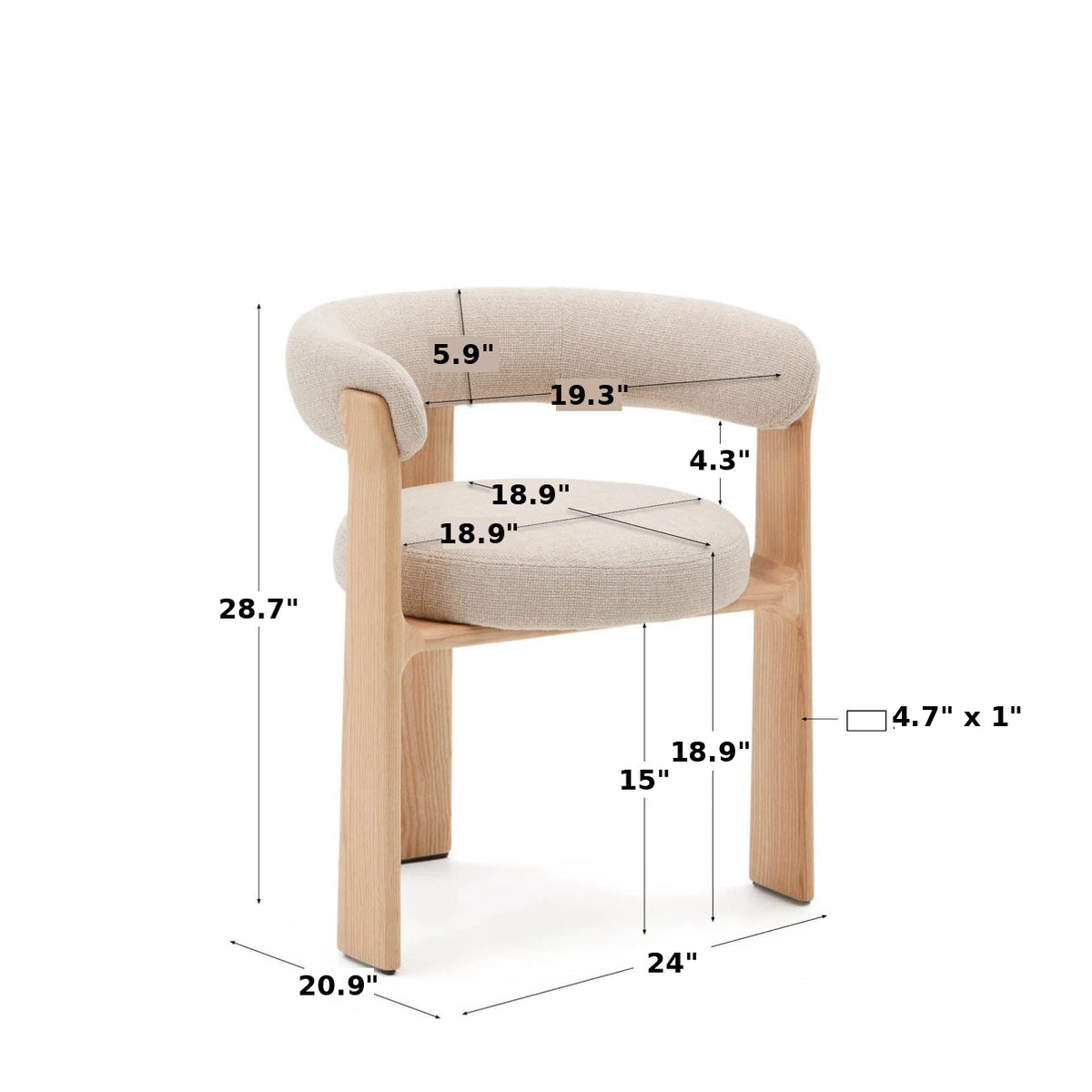 Sculptural curved back dining chair dimensions in inches: 24 inch wide, 20.9 inch deep, 28.7 inch high, seat height 18.9 inch