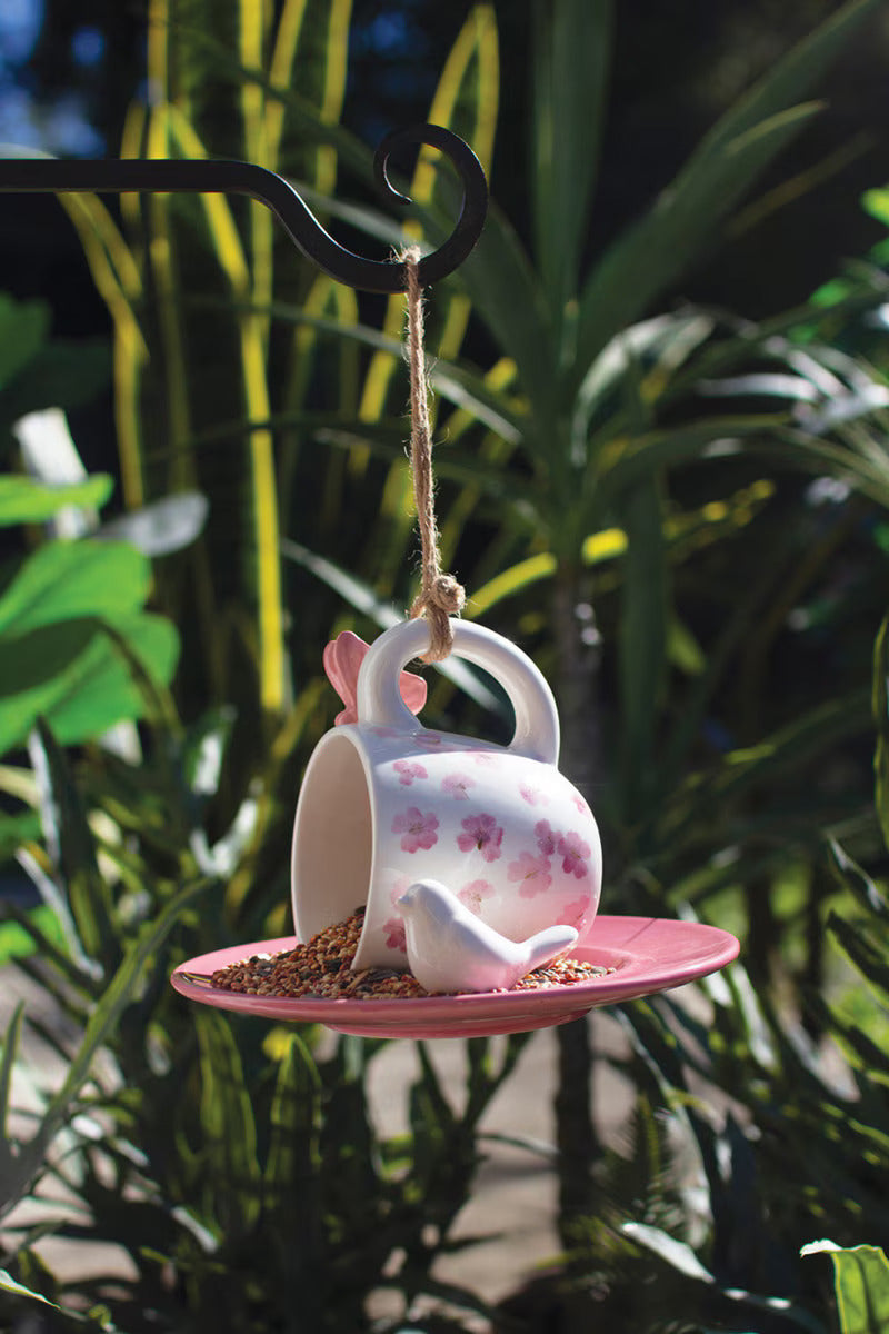 Kalalou Ceramic Pink Tea Cup and Saucer Bird Feeder - Unique Garden Décor for Bird Lovers