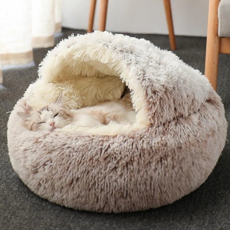 Round Plush Calming Cat Cave – Cozy, Soft, and Warm Pet Bed for Cats & Small Dogs