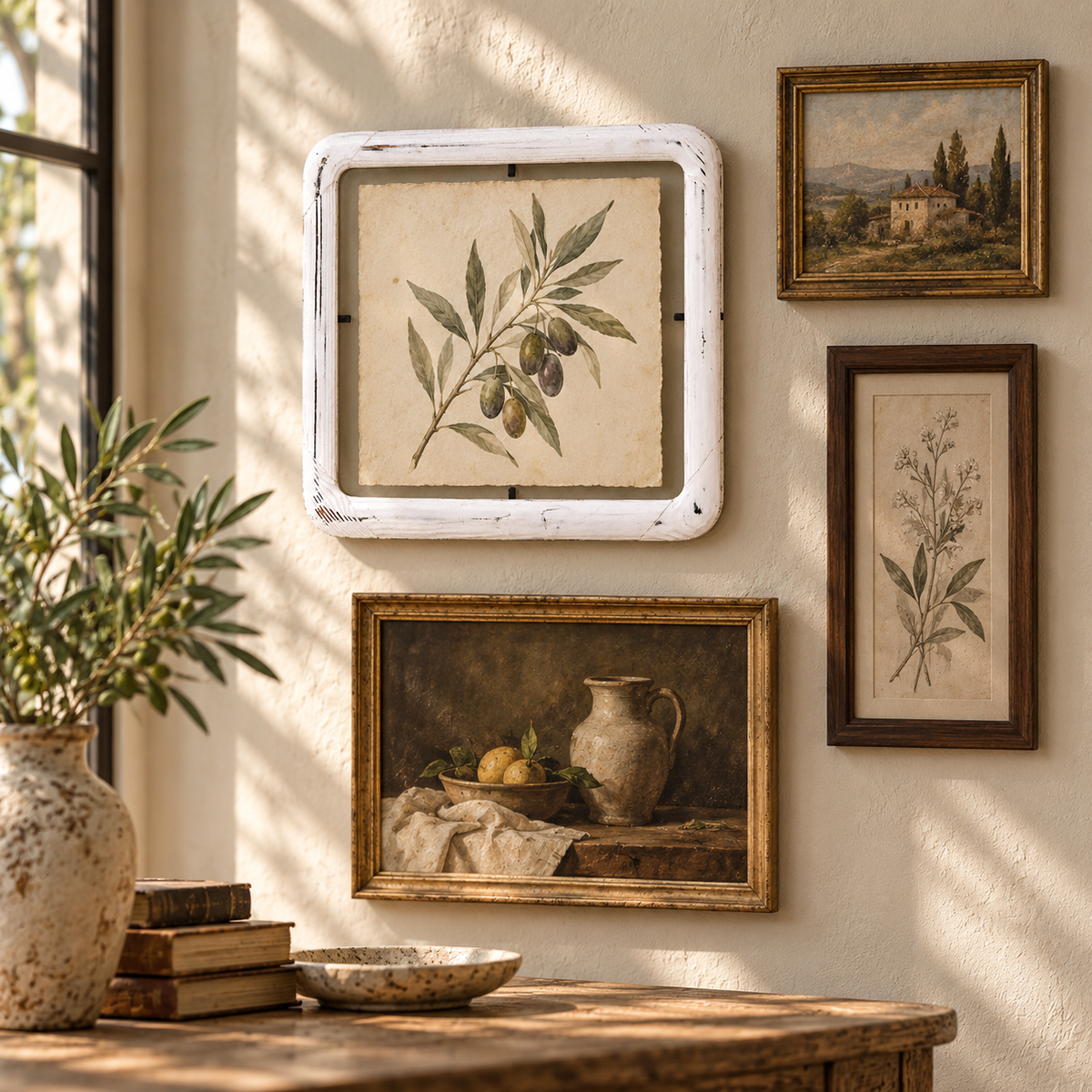 A styled interior wall with four framed botanical and still-life art prints in distressed frames, displayed above a wooden table with a vase and books in warm sunlight.