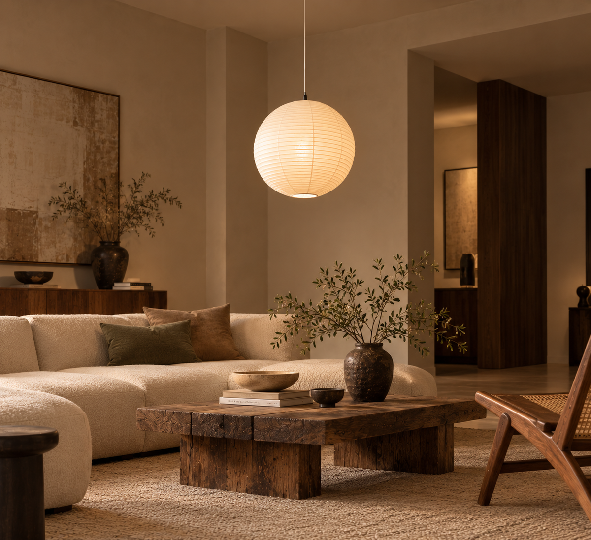 A warm, modern living room featuring a spherical white paper lantern pendant light hanging above a rustic wooden coffee table. The room has beige walls, a cream-colored sectional sofa, and a woven cane chair, creating a cozy, minimalist aesthetic.