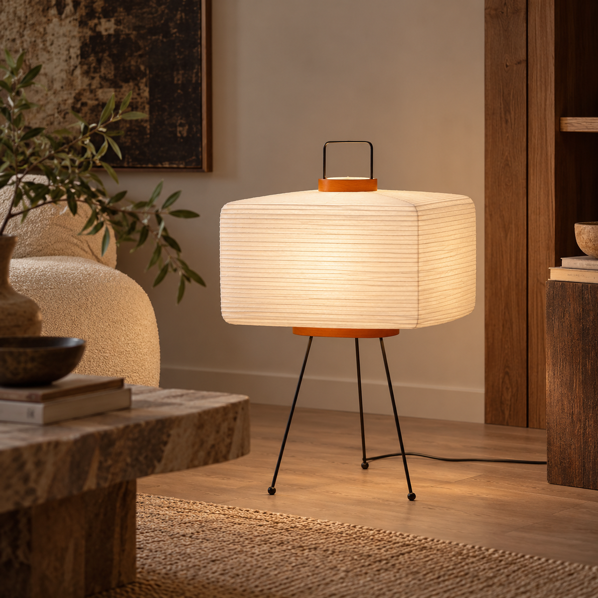 A modern table lamp with a glowing white pleated paper shade, orange accents, and thin black metal legs, styled in a warm, contemporary living room setting.