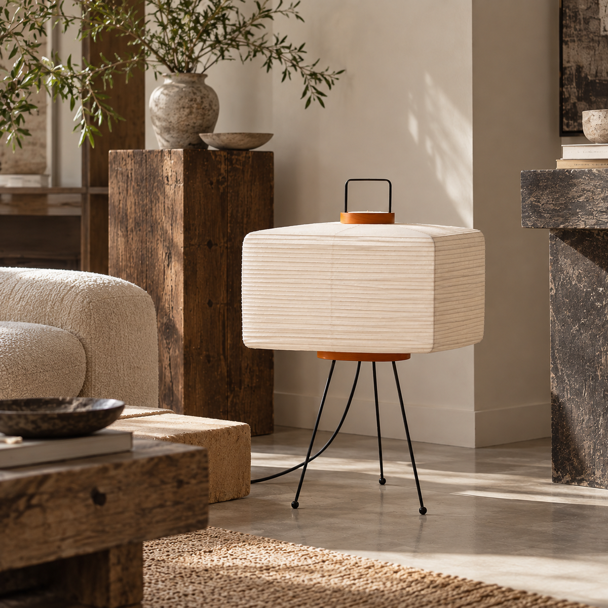 A modern table lamp with a cream pleated fabric shade, a small orange-brown wooden top handle, and thin black metal legs, styled in a warm, sunlit living room.