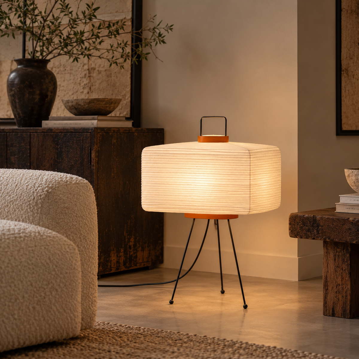 A modern table lamp with a glowing white pleated paper lantern shade and orange accents, supported by thin black tripod legs, placed in a warm, contemporary living room setting.