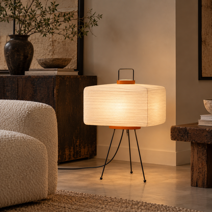 A modern table lamp with a glowing white pleated paper lantern shade and orange accents, supported by thin black tripod legs, placed in a warm, contemporary living room setting.