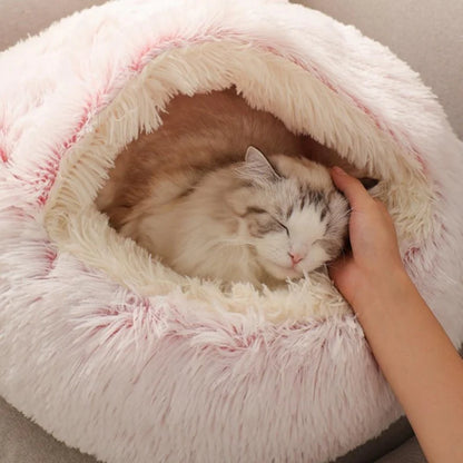 Round Plush Calming Cat Cave – Cozy, Soft, and Warm Pet Bed for Cats & Small Dogs