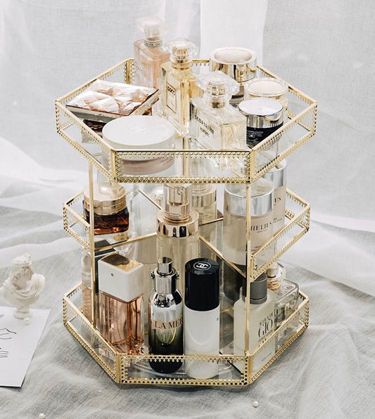 Gold Glass Rotation Makeup Perfume Tray Organizer