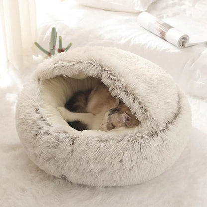 Round Plush Calming Cat Cave – Cozy, Soft, and Warm Pet Bed for Cats & Small Dogs