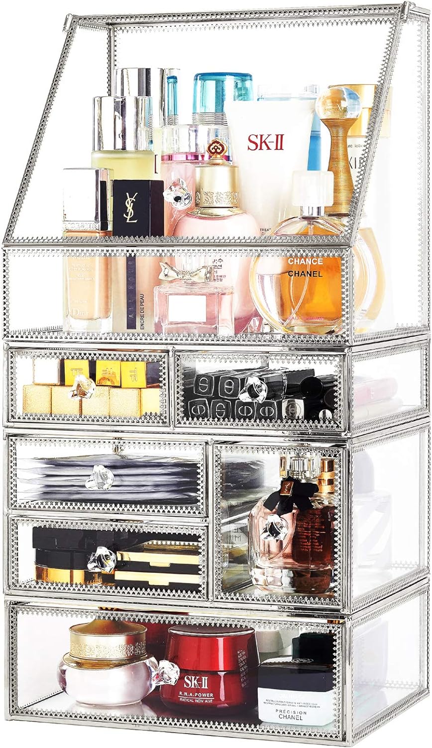 Elegant Glass Vanity  Organizer – Multi-Purpose Glass Storage Tower 7 Drawers