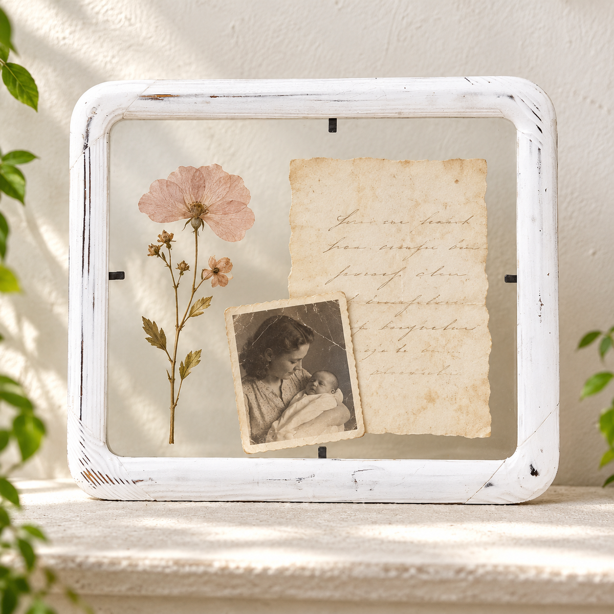 A distressed white wooden frame with a clear glass front, styled with a pink pressed flower, a vintage-style handwritten note, and a small sepia photograph on a light textured surface.